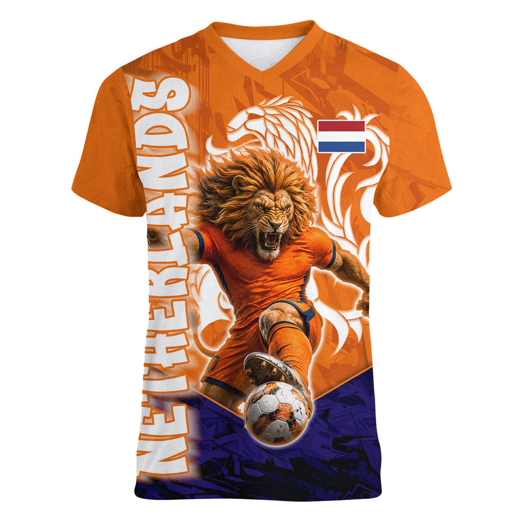 Personalized Netherlands Football Lion Women V-Neck T-Shirt Oranje Pride Holland National Flag Graffiti Art