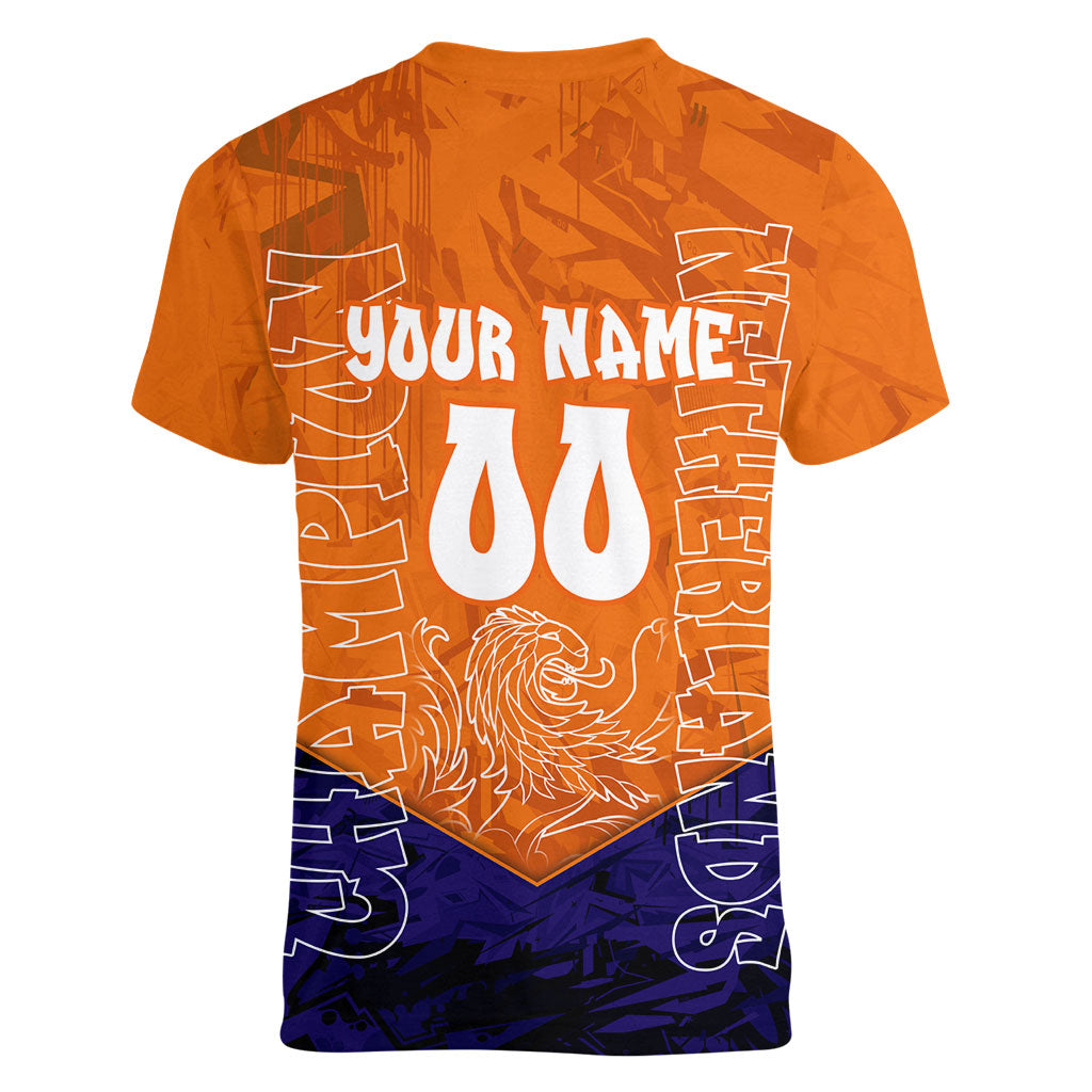 Personalized Netherlands Football Lion Women V-Neck T-Shirt Oranje Pride Holland National Flag Graffiti Art