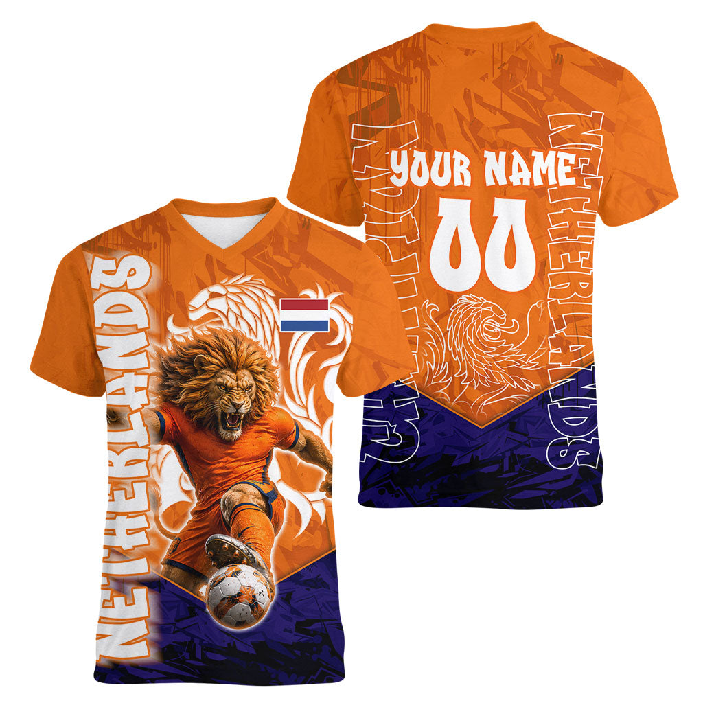 Personalized Netherlands Football Lion Women V-Neck T-Shirt Oranje Pride Holland National Flag Graffiti Art