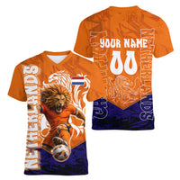 Personalized Netherlands Football Lion Women V-Neck T-Shirt Oranje Pride Holland National Flag Graffiti Art