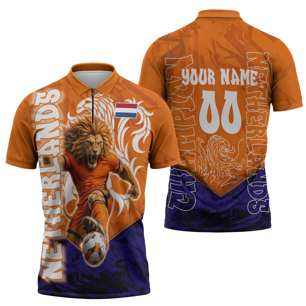 Personalized Netherlands Football Lion Zipper Polo Shirt Oranje Pride Holland National Flag Graffiti Art
