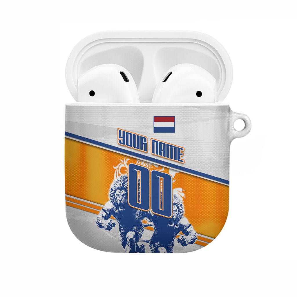 Personalized Netherlands Football AirPods Case Dutch Lion Heritage Mascot Flame Swirl