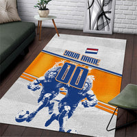 Personalized Netherlands Football Area Rug Dutch Lion Heritage Mascot Flame Swirl