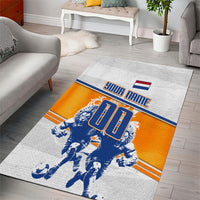Personalized Netherlands Football Area Rug Dutch Lion Heritage Mascot Flame Swirl