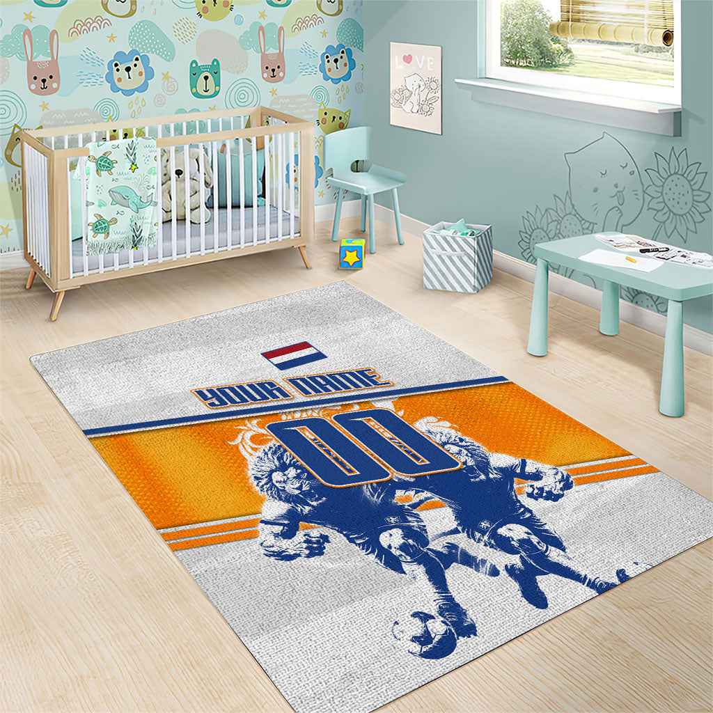 Personalized Netherlands Football Area Rug Dutch Lion Heritage Mascot Flame Swirl