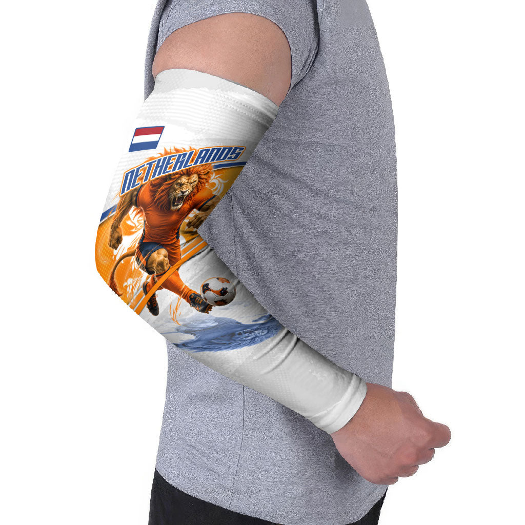 Personalized Netherlands Football Arm Sleeves Dutch Lion Heritage Mascot Flame Swirl