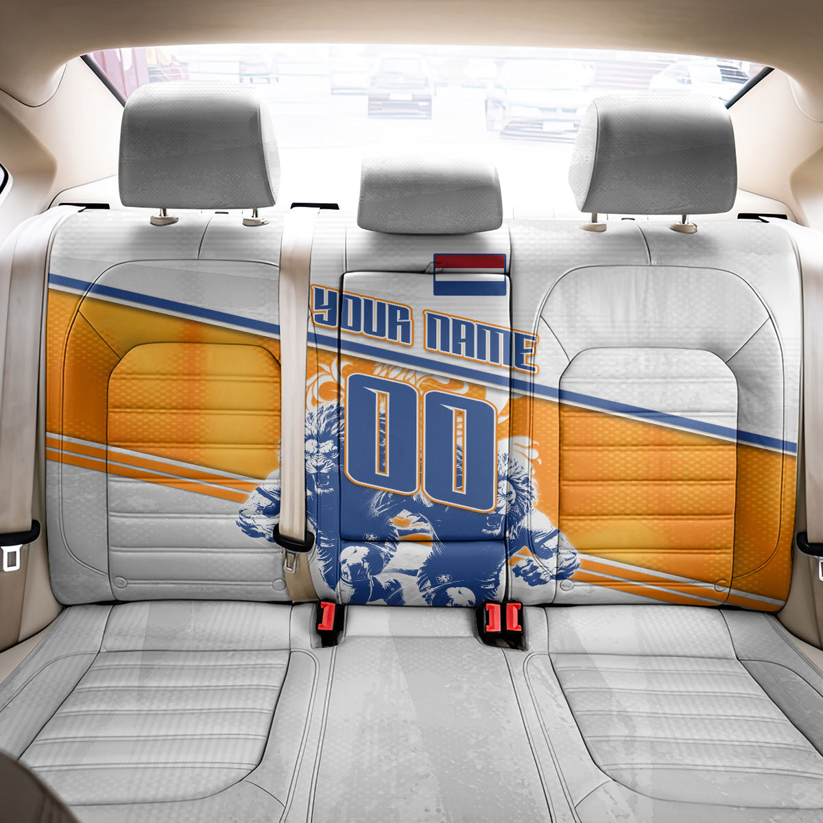 Personalized Netherlands Football Back Car Seat Cover Dutch Lion Heritage Mascot Flame Swirl