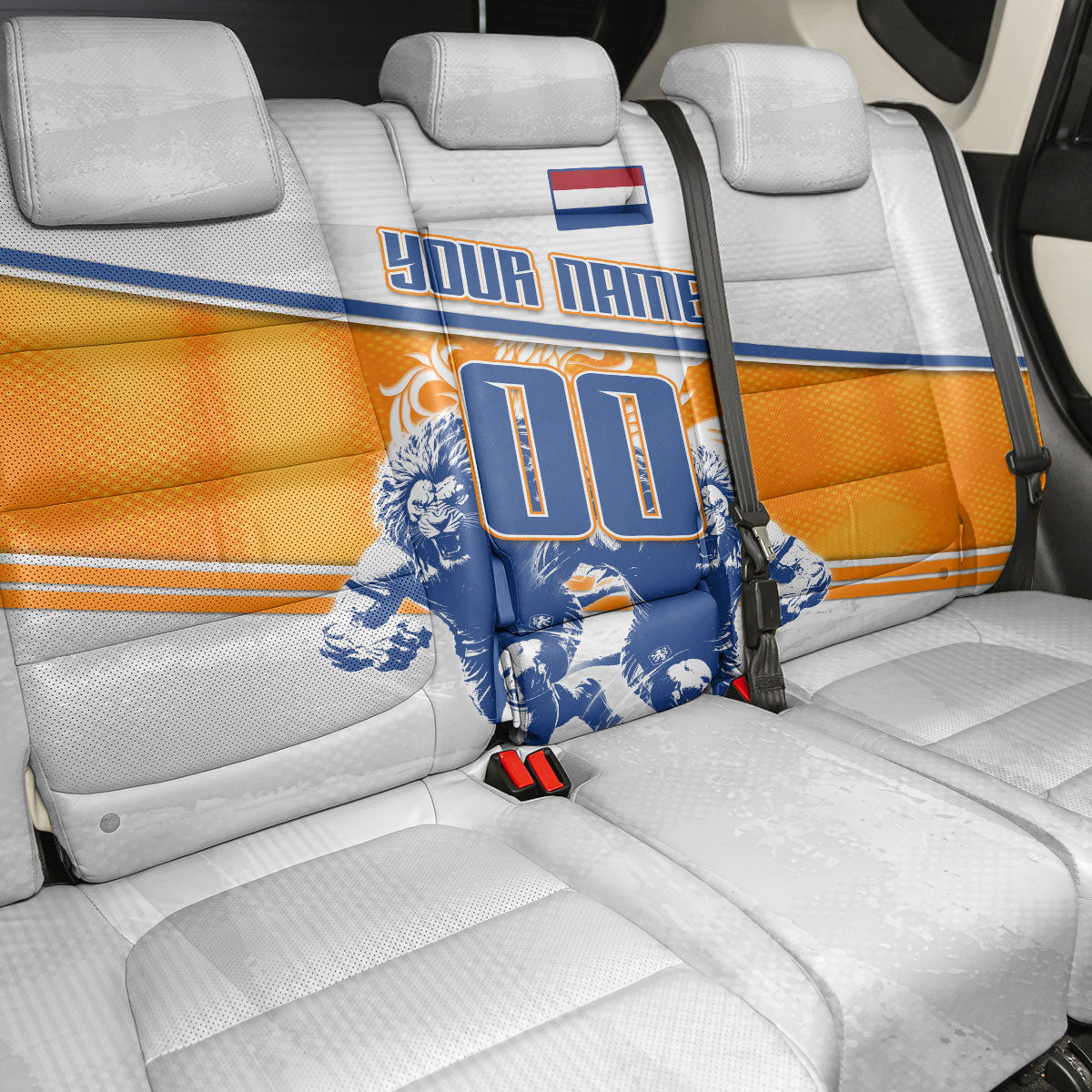 Personalized Netherlands Football Back Car Seat Cover Dutch Lion Heritage Mascot Flame Swirl