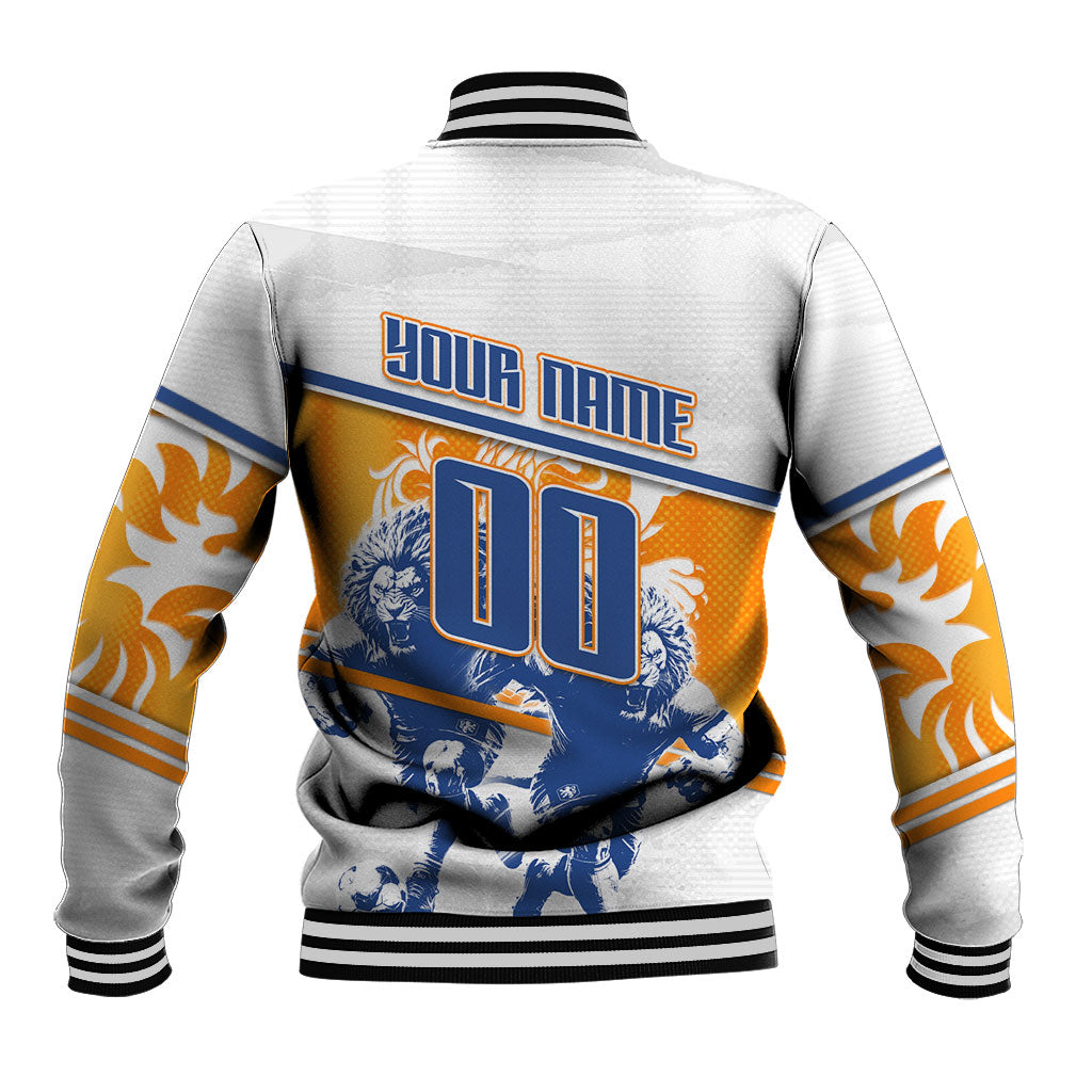 Personalized Netherlands Football Baseball Jacket Dutch Lion Heritage Mascot Flame Swirl