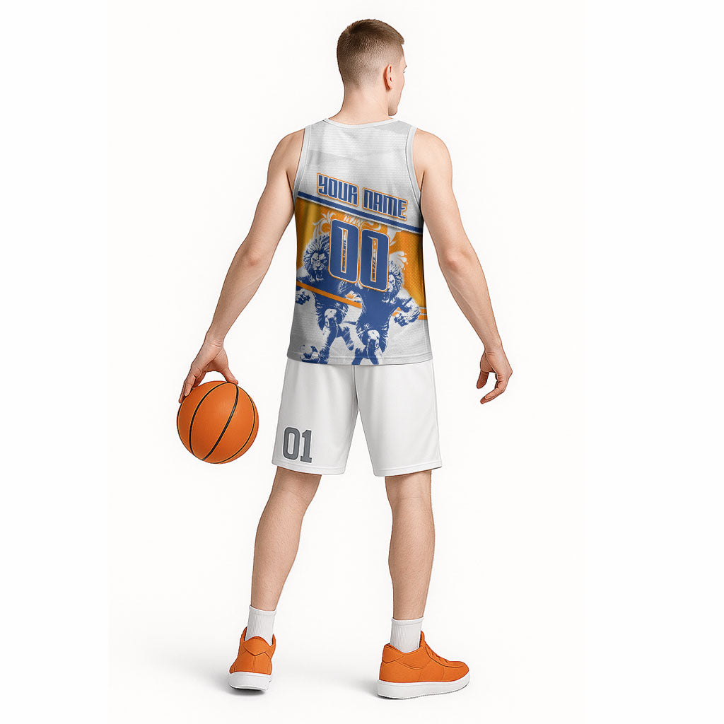 Personalized Netherlands Football Basketball Jersey Dutch Lion Heritage Mascot Flame Swirl