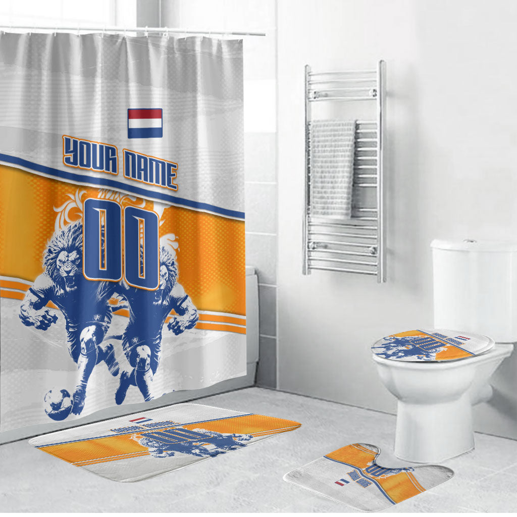 Personalized Netherlands Football Bathroom Set Dutch Lion Heritage Mascot Flame Swirl