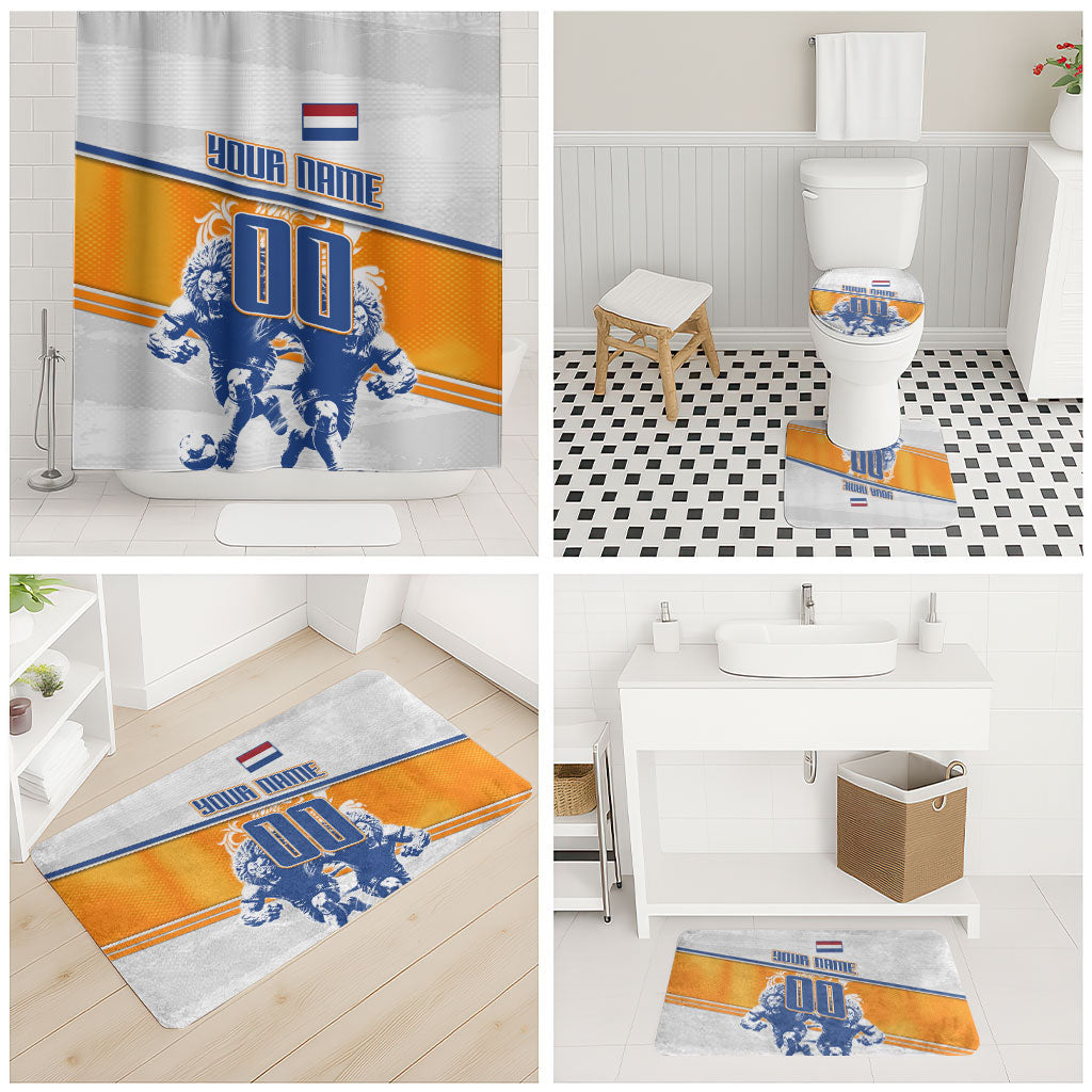 Personalized Netherlands Football Bathroom Set Dutch Lion Heritage Mascot Flame Swirl