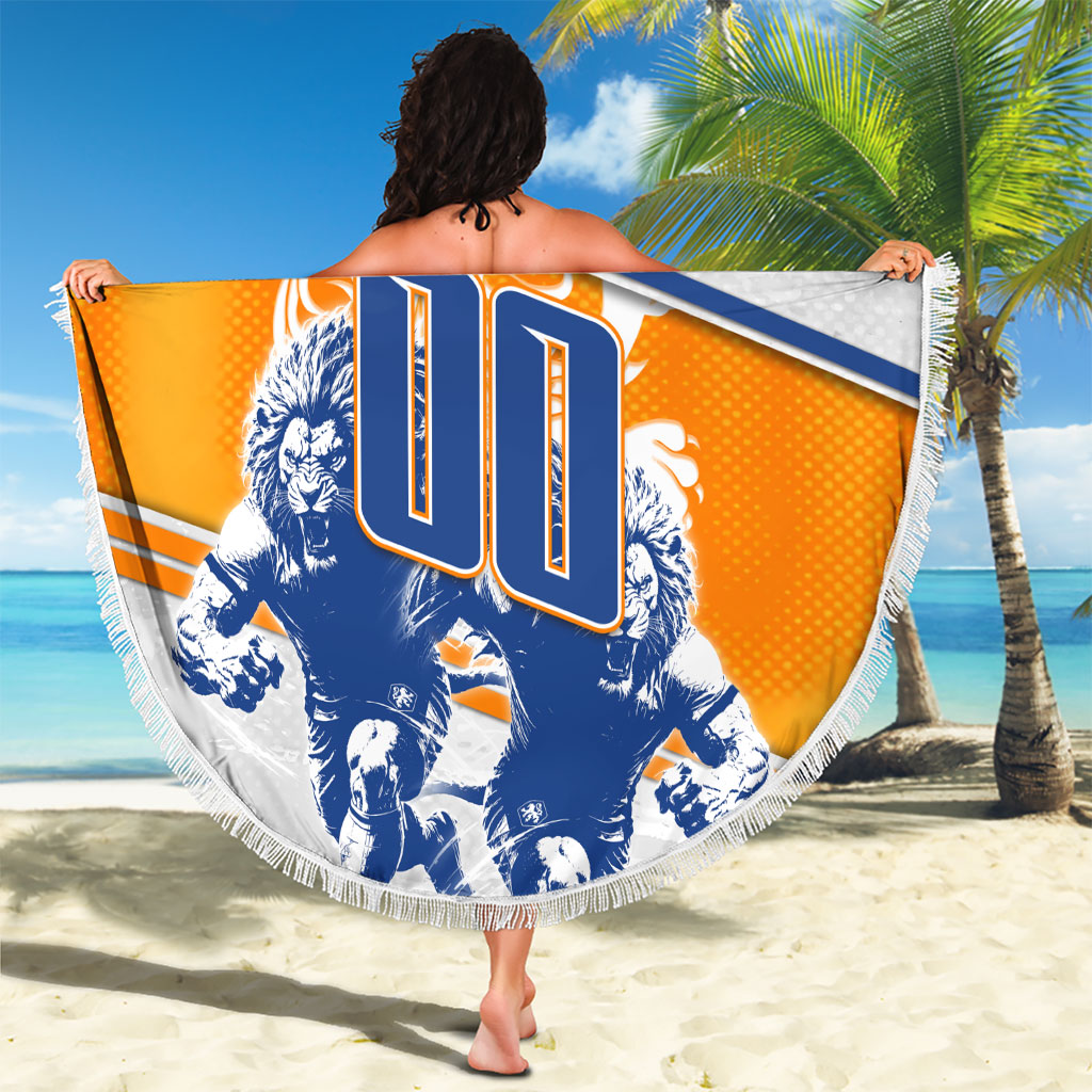 Personalized Netherlands Football Beach Blanket Dutch Lion Heritage Mascot Flame Swirl