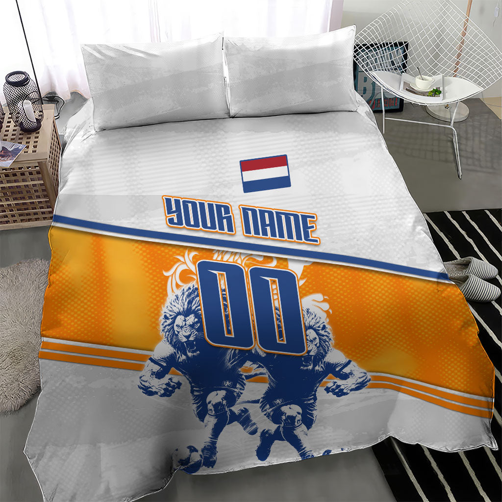 Personalized Netherlands Football Bedding Set Dutch Lion Heritage Mascot Flame Swirl