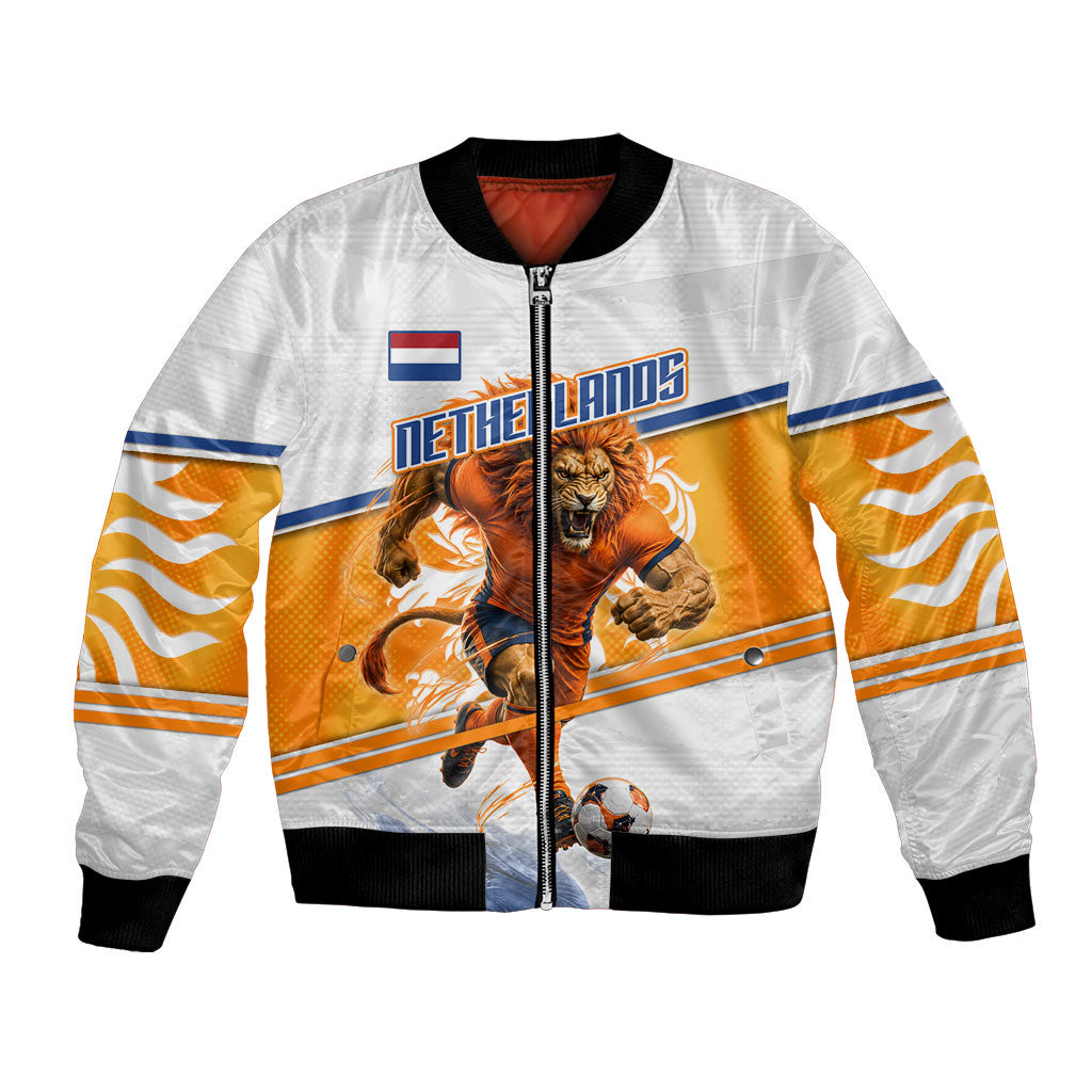 Personalized Netherlands Football Bomber Jacket Dutch Lion Heritage Mascot Flame Swirl