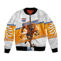 Personalized Netherlands Football Bomber Jacket Dutch Lion Heritage Mascot Flame Swirl