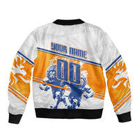 Personalized Netherlands Football Bomber Jacket Dutch Lion Heritage Mascot Flame Swirl