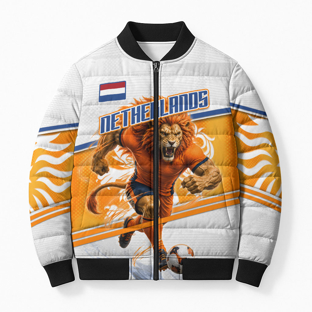 Personalized Netherlands Football Bomber Puffer Jacket Dutch Lion Heritage Mascot Flame Swirl