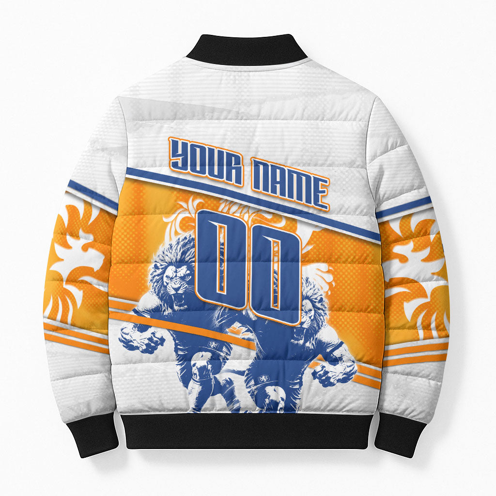 Personalized Netherlands Football Bomber Puffer Jacket Dutch Lion Heritage Mascot Flame Swirl
