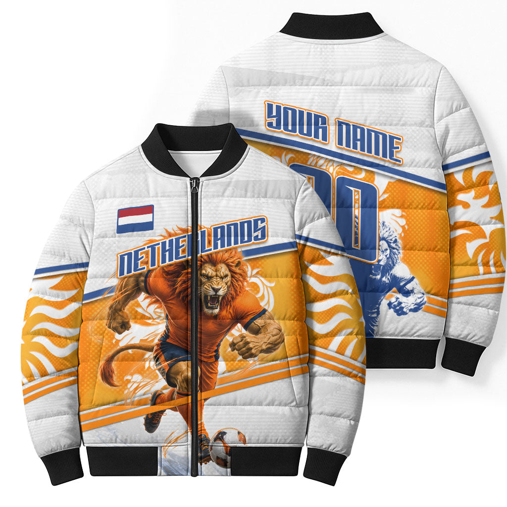 Personalized Netherlands Football Bomber Puffer Jacket Dutch Lion Heritage Mascot Flame Swirl