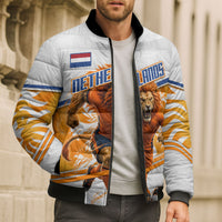 Personalized Netherlands Football Bomber Puffer Jacket Dutch Lion Heritage Mascot Flame Swirl