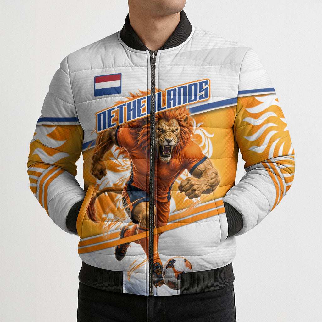 Personalized Netherlands Football Bomber Puffer Jacket Dutch Lion Heritage Mascot Flame Swirl