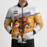 Personalized Netherlands Football Bomber Puffer Jacket Dutch Lion Heritage Mascot Flame Swirl