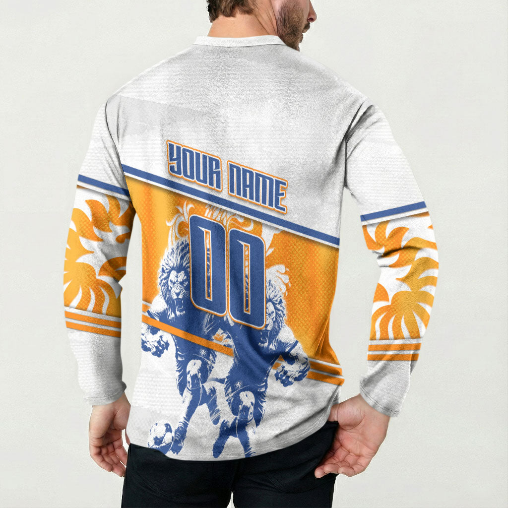 Personalized Netherlands Football Button Sweatshirt Dutch Lion Heritage Mascot Flame Swirl