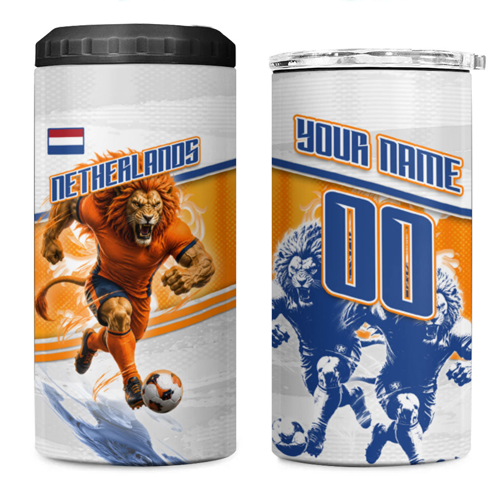 Personalized Netherlands Football 4 in 1 Can Cooler Tumbler Dutch Lion Heritage Mascot Flame Swirl