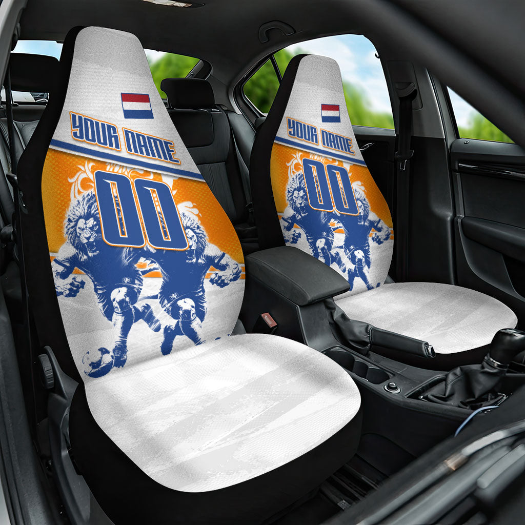 Personalized Netherlands Football Car Seat Cover Dutch Lion Heritage Mascot Flame Swirl