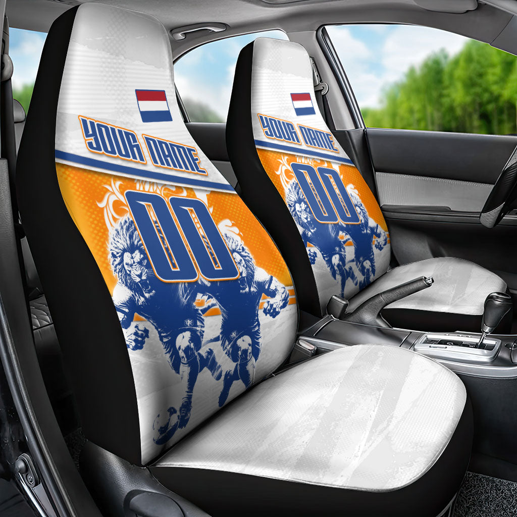 Personalized Netherlands Football Car Seat Cover Dutch Lion Heritage Mascot Flame Swirl