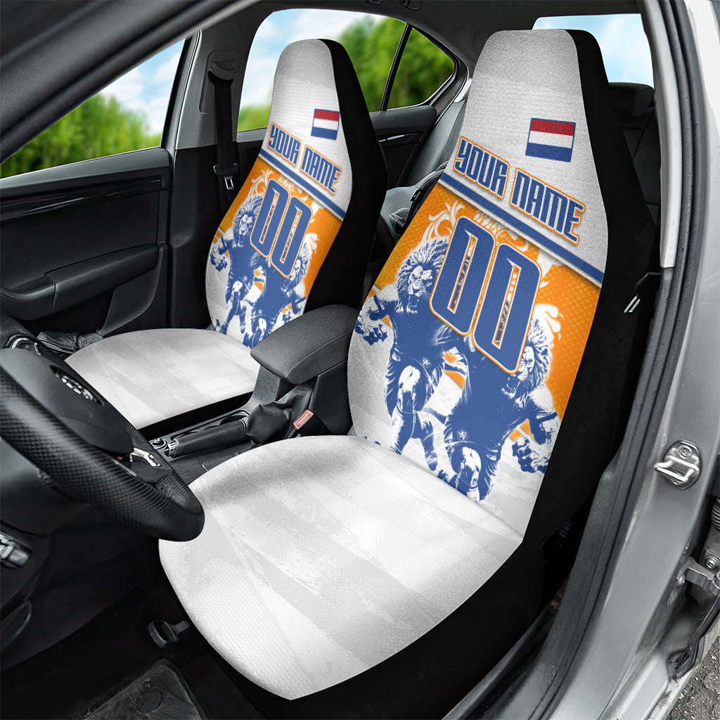 Personalized Netherlands Football Car Seat Cover Dutch Lion Heritage Mascot Flame Swirl