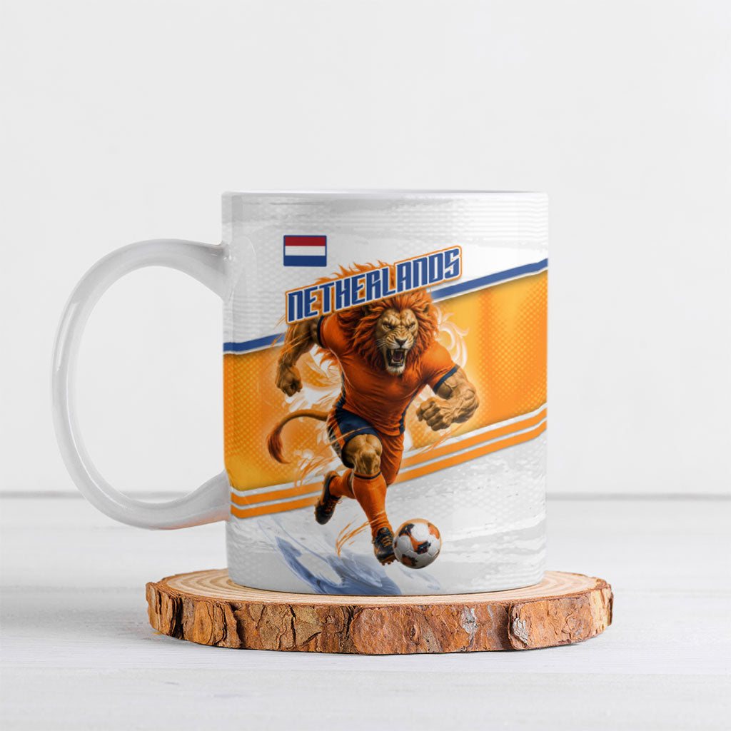 Personalized Netherlands Football Ceramic Mug Dutch Lion Heritage Mascot Flame Swirl