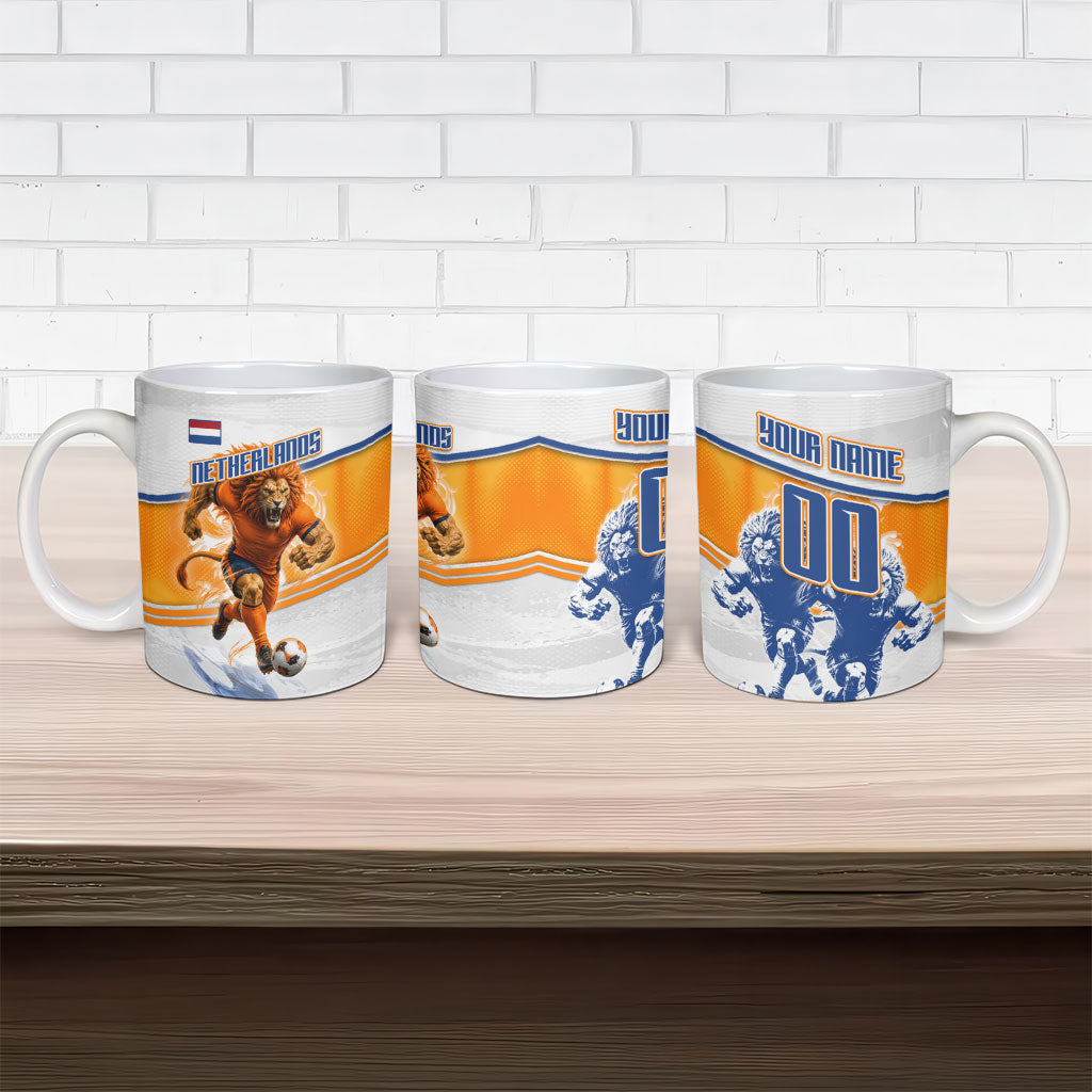Personalized Netherlands Football Ceramic Mug Dutch Lion Heritage Mascot Flame Swirl