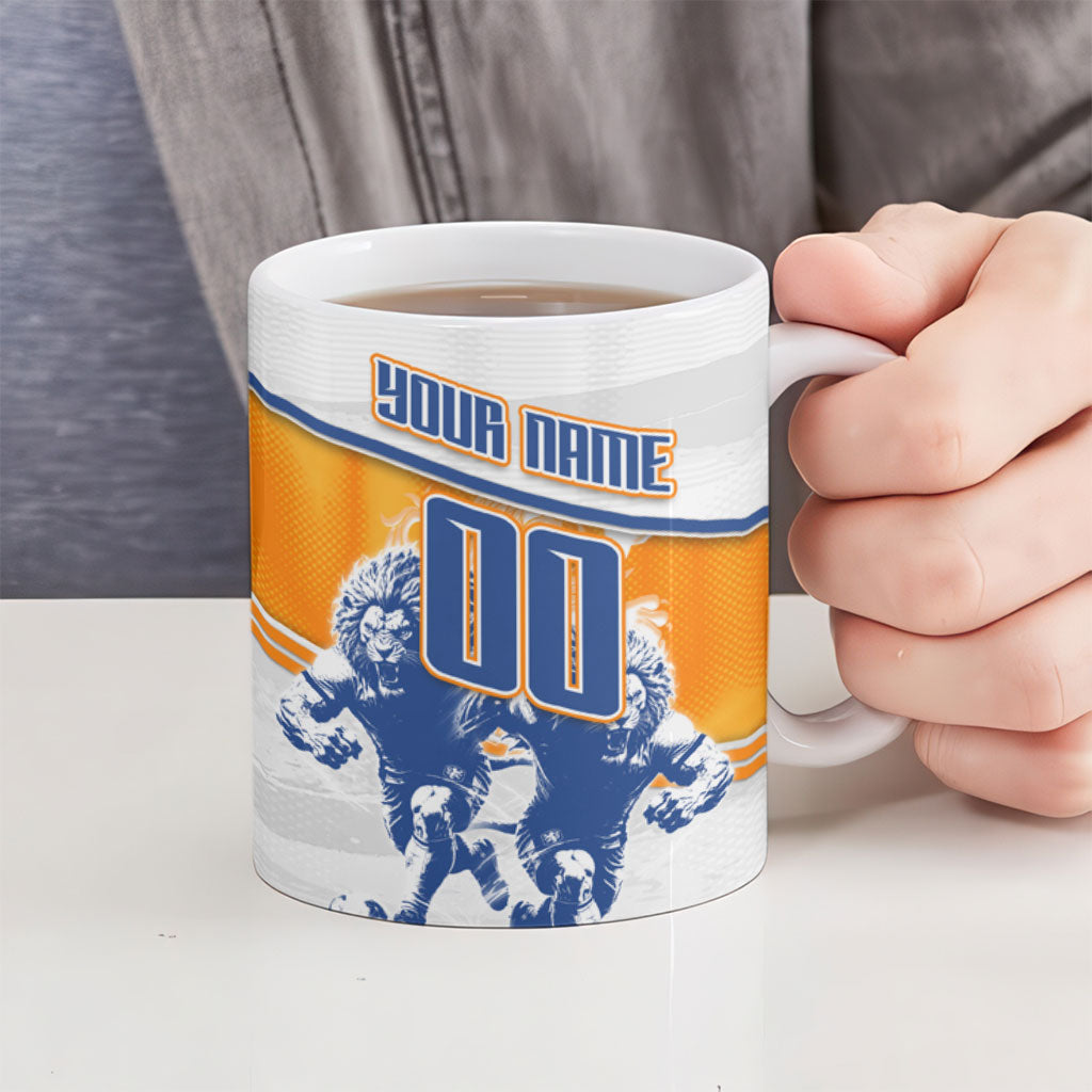 Personalized Netherlands Football Ceramic Mug Dutch Lion Heritage Mascot Flame Swirl