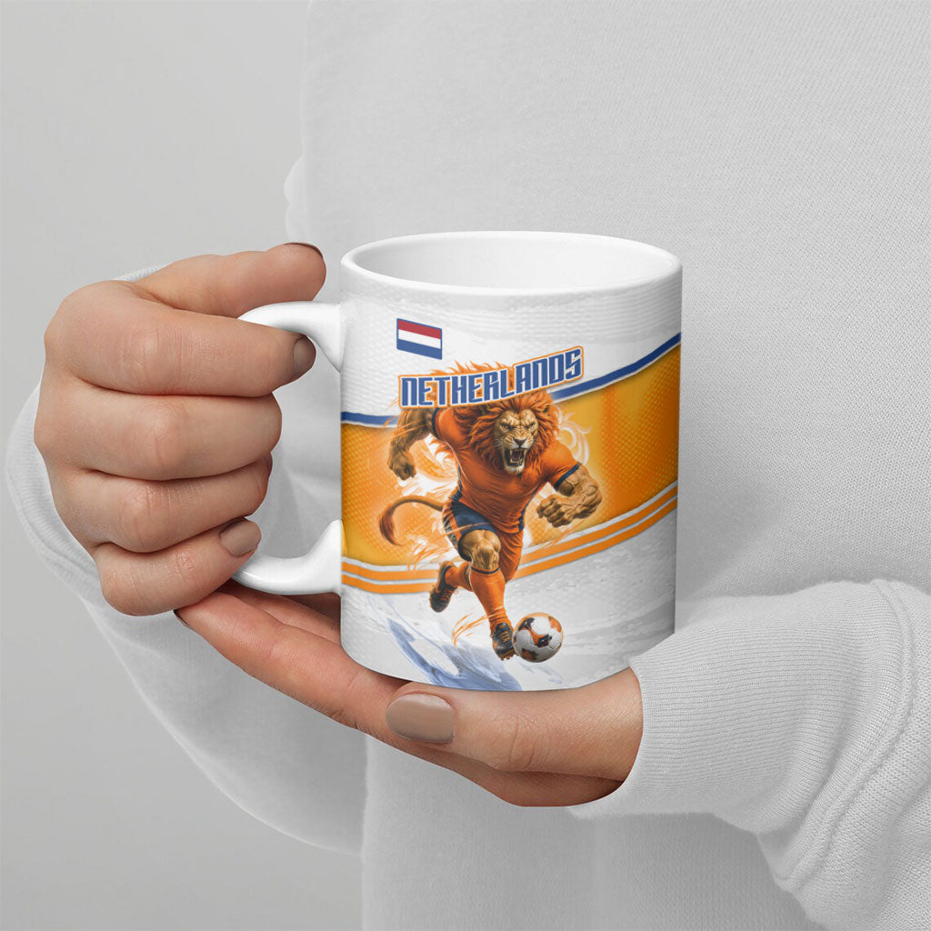 Personalized Netherlands Football Ceramic Mug Dutch Lion Heritage Mascot Flame Swirl