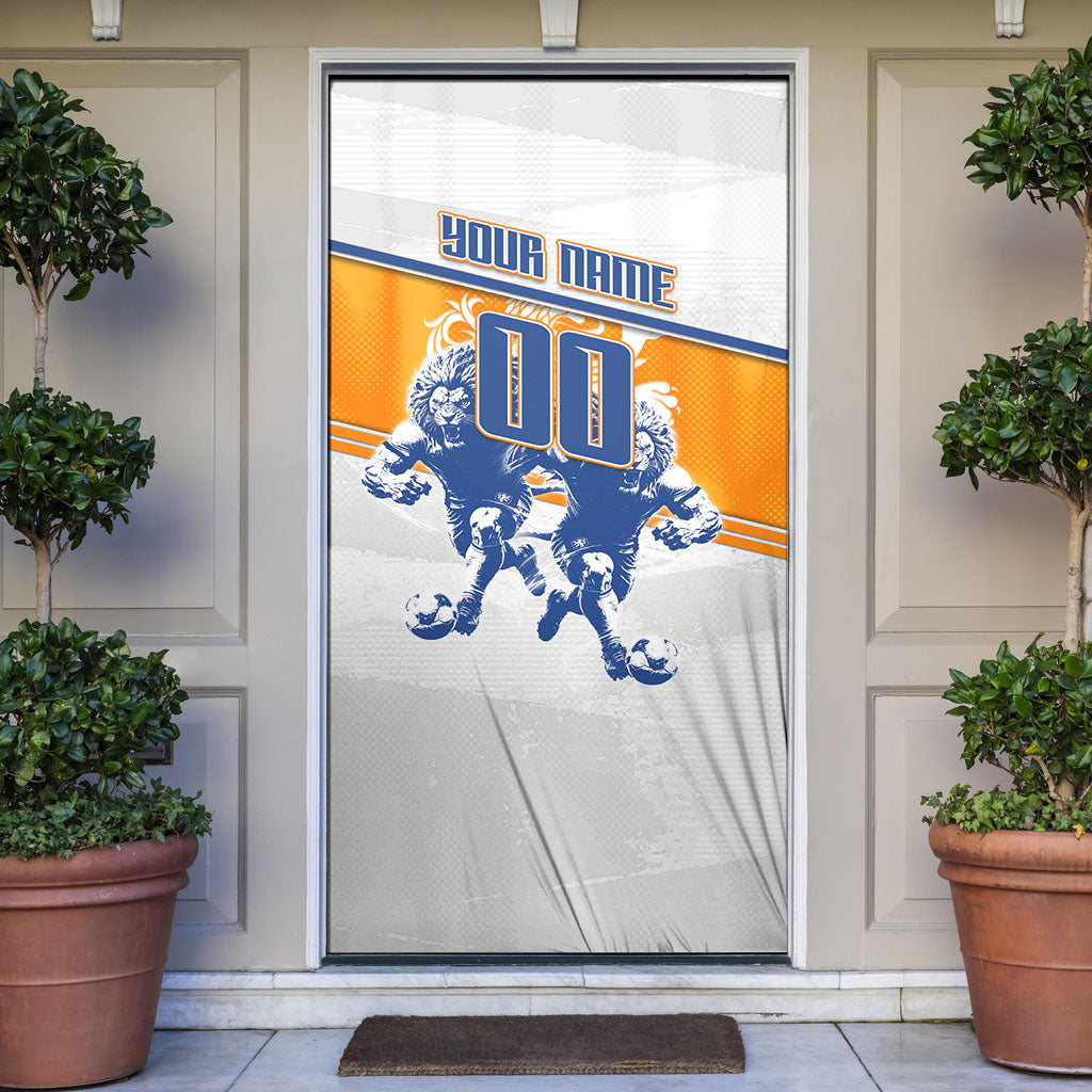 Personalized Netherlands Football Door Cover Dutch Lion Heritage Mascot Flame Swirl