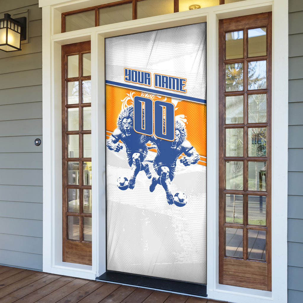Personalized Netherlands Football Door Cover Dutch Lion Heritage Mascot Flame Swirl