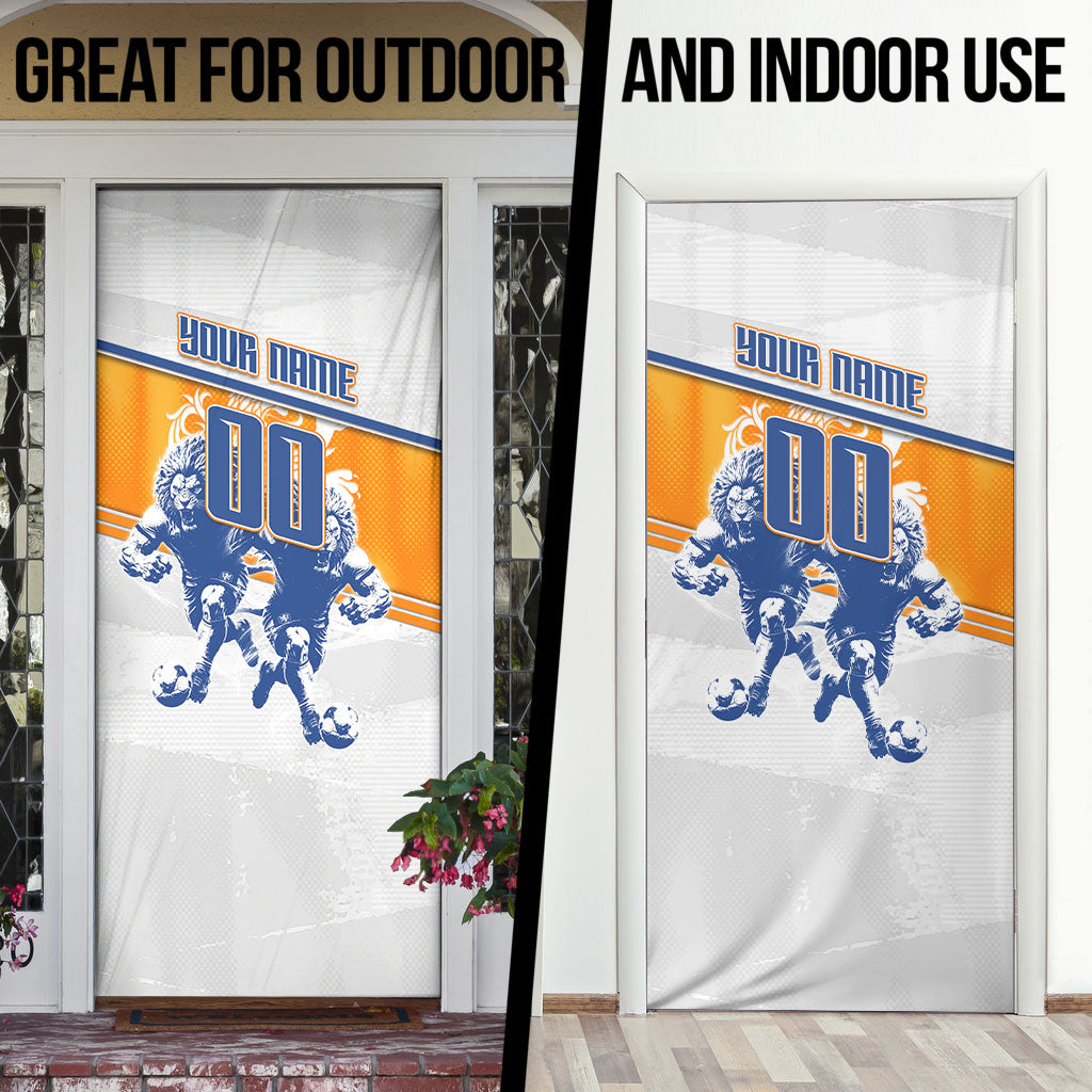 Personalized Netherlands Football Door Cover Dutch Lion Heritage Mascot Flame Swirl