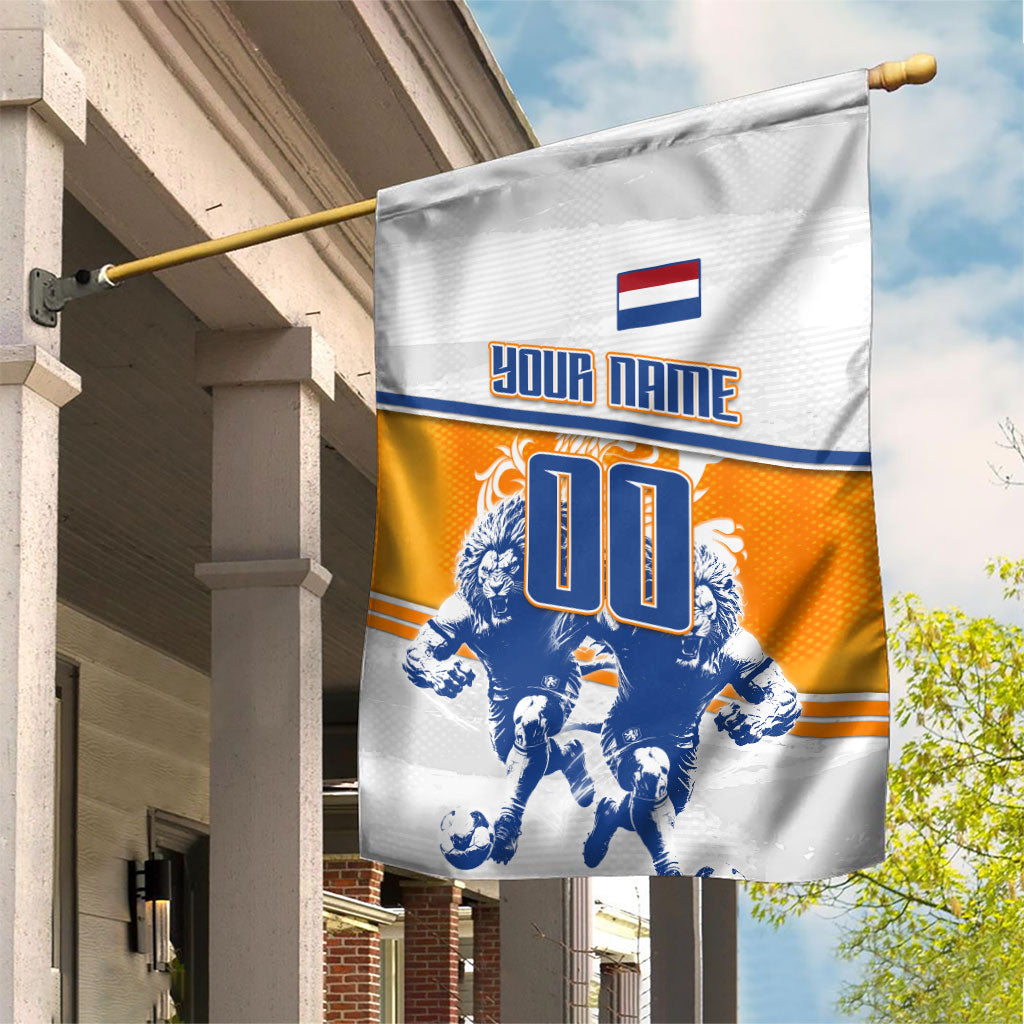 Personalized Netherlands Football Garden Flag Dutch Lion Heritage Mascot Flame Swirl