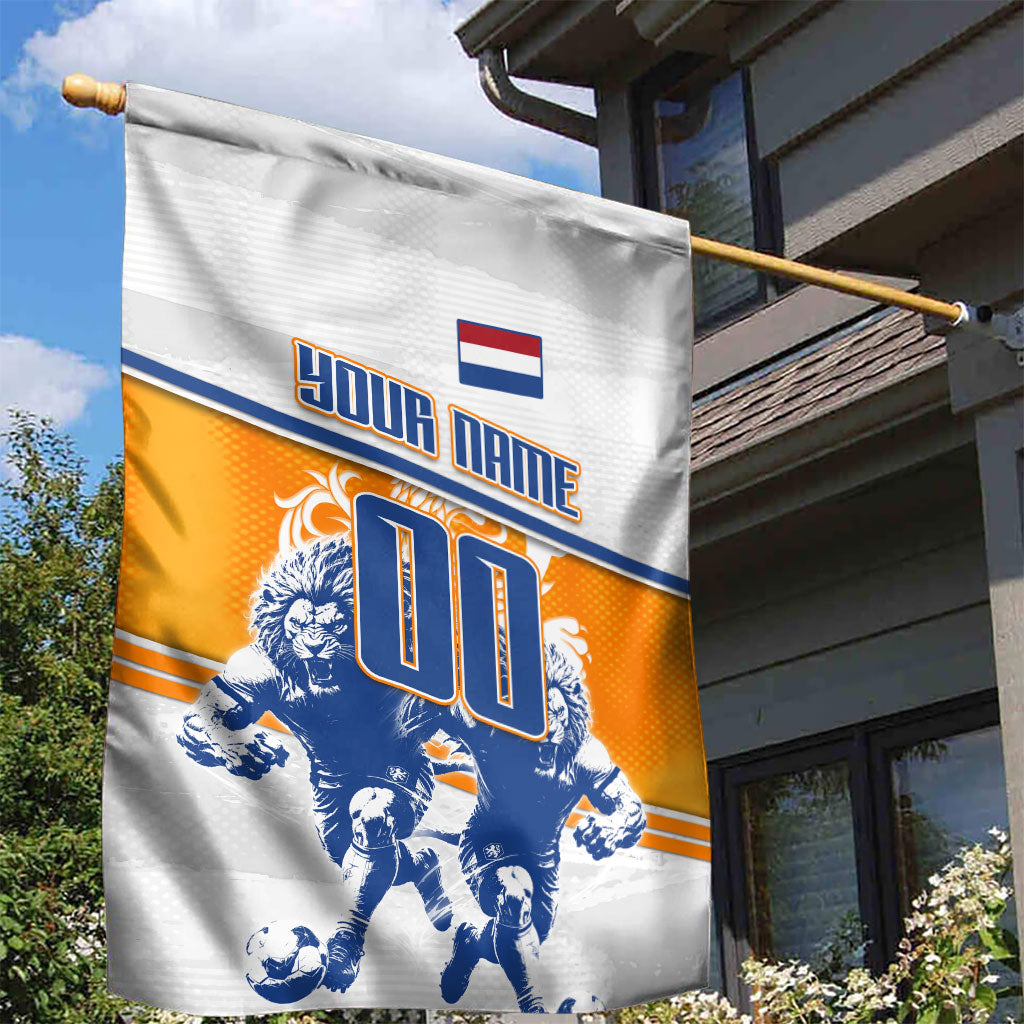 Personalized Netherlands Football Garden Flag Dutch Lion Heritage Mascot Flame Swirl