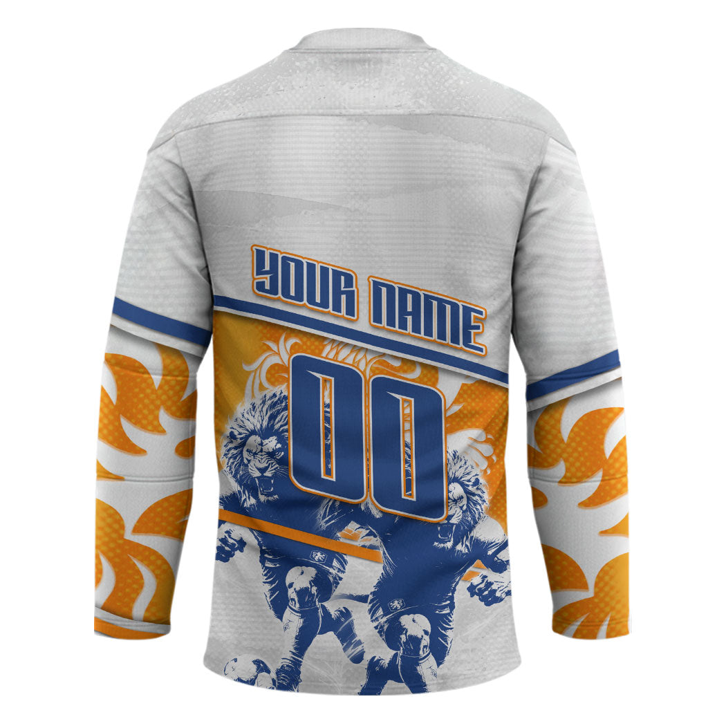 Personalized Netherlands Football Hockey Jersey Dutch Lion Heritage Mascot Flame Swirl