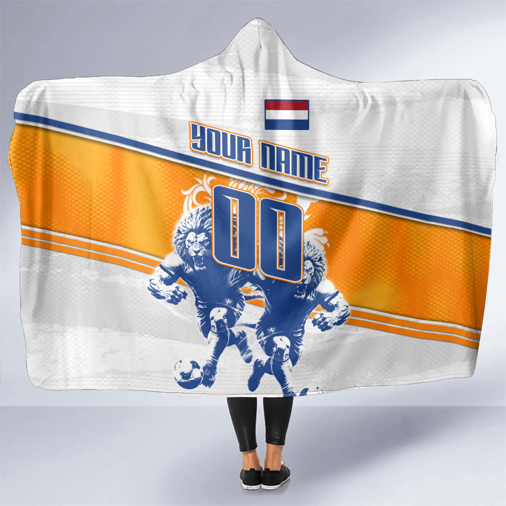 Personalized Netherlands Football Hooded Blanket Dutch Lion Heritage Mascot Flame Swirl