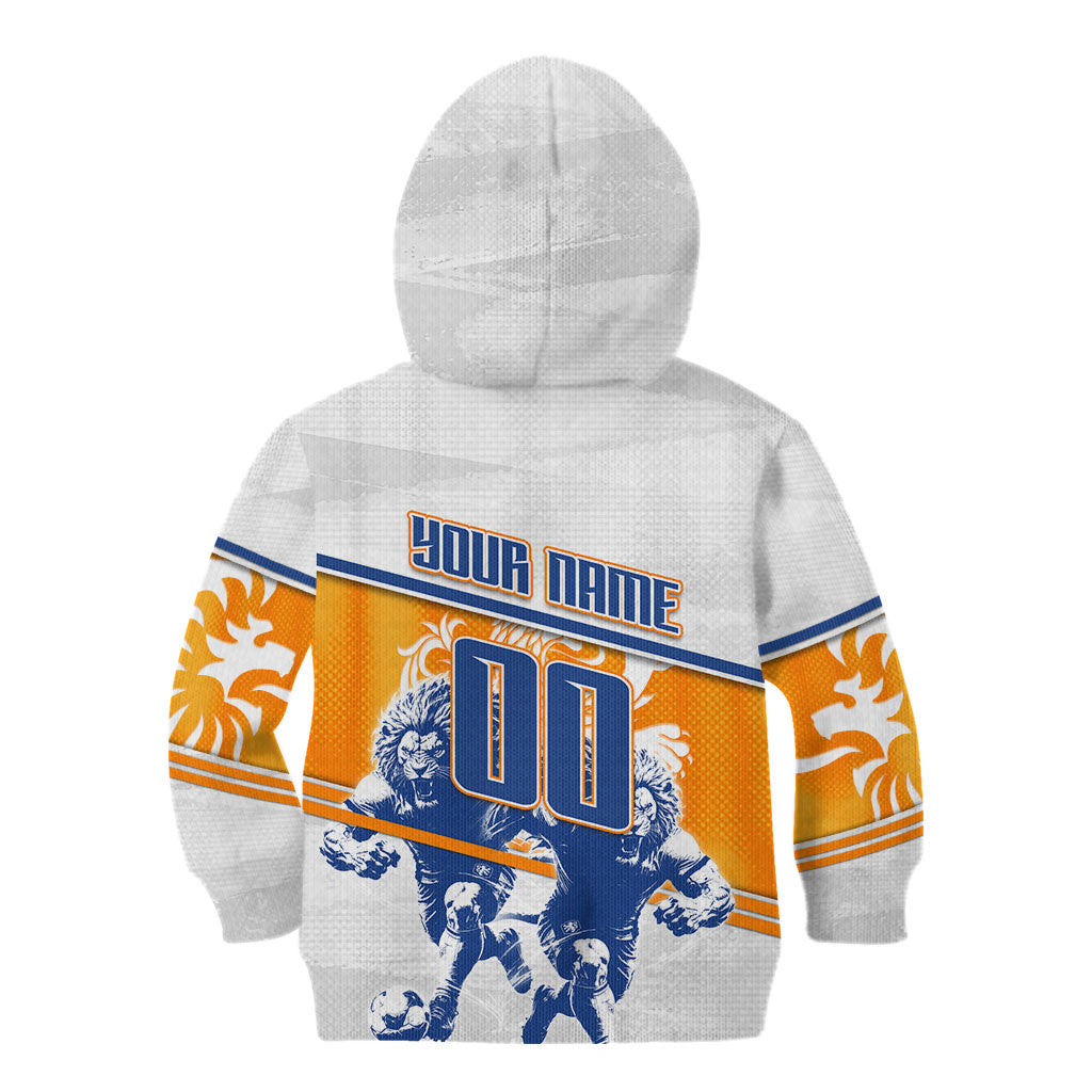 Personalized Netherlands Football Kid Hoodie Dutch Lion Heritage Mascot Flame Swirl