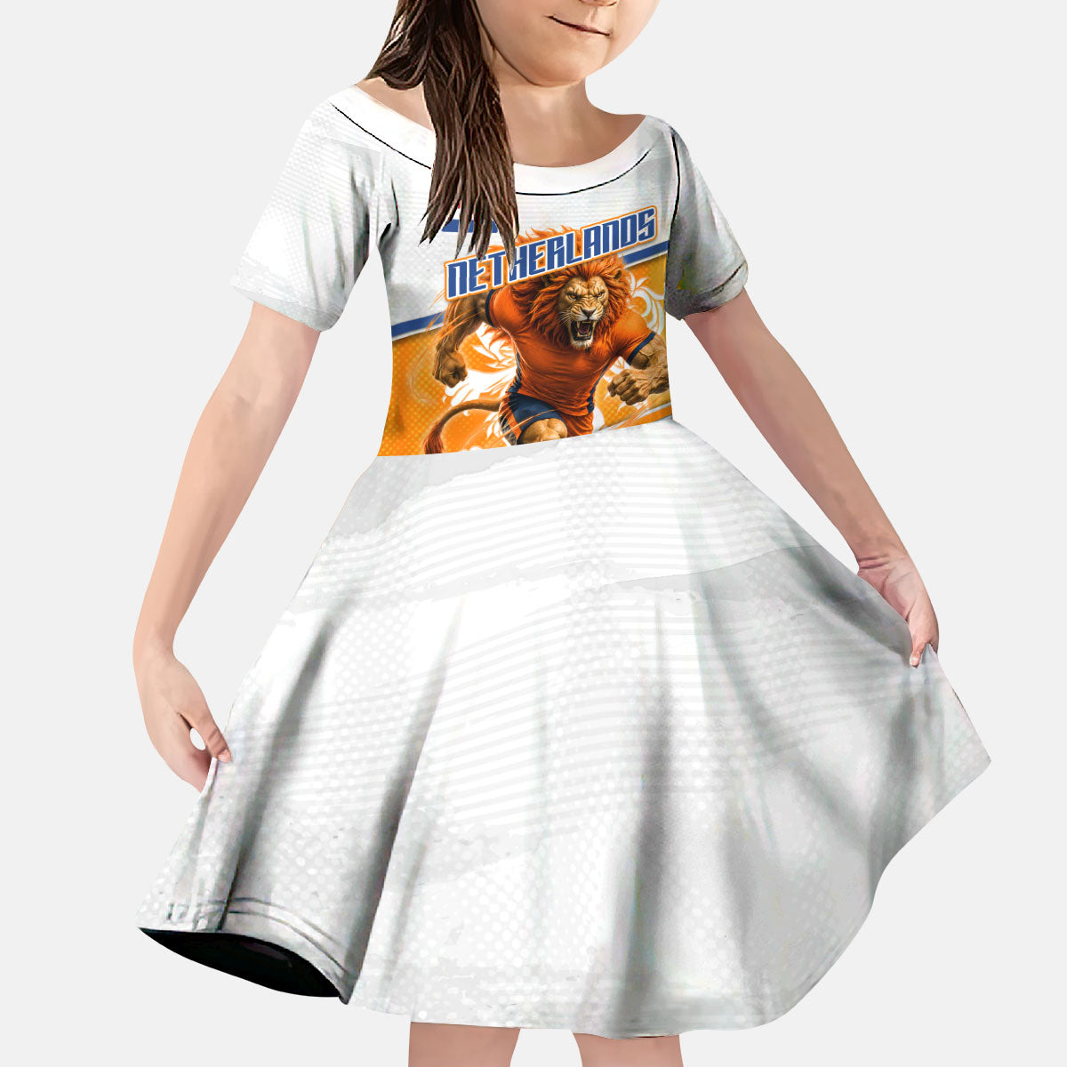 Personalized Netherlands Football Kid Short Sleeve Dress Dutch Lion Heritage Mascot Flame Swirl