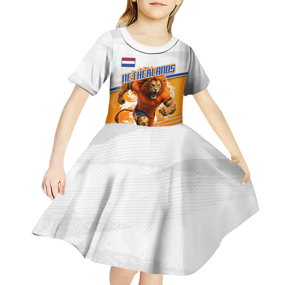 Personalized Netherlands Football Kid Short Sleeve Dress Dutch Lion Heritage Mascot Flame Swirl