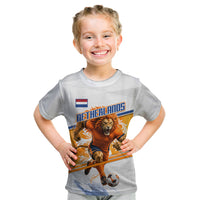 Personalized Netherlands Football Kid T Shirt Dutch Lion Heritage Mascot Flame Swirl
