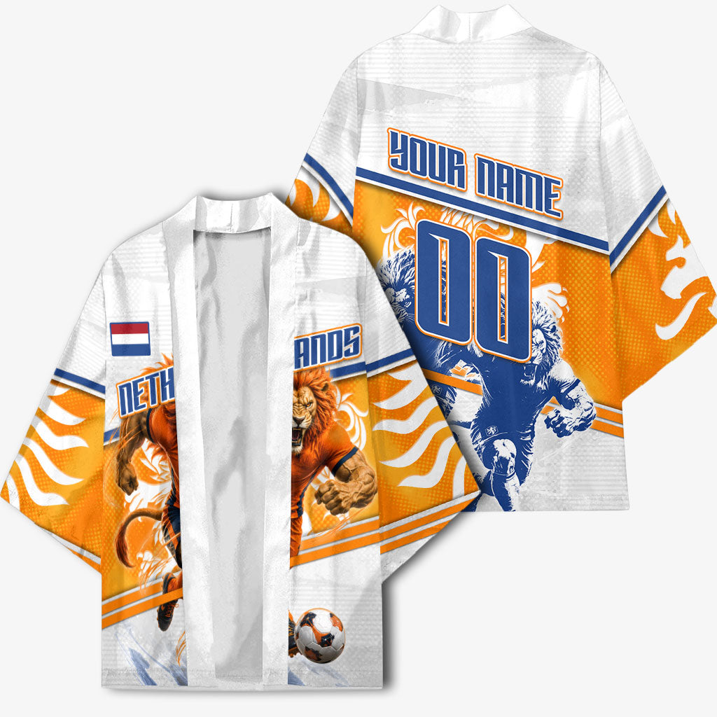 Personalized Netherlands Football Kimono Dutch Lion Heritage Mascot Flame Swirl