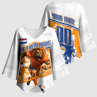 Personalized Netherlands Football Kimono Sleeve Blouse Dutch Lion Heritage Mascot Flame Swirl