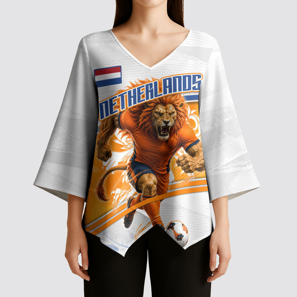 Personalized Netherlands Football Kimono Sleeve Blouse Dutch Lion Heritage Mascot Flame Swirl